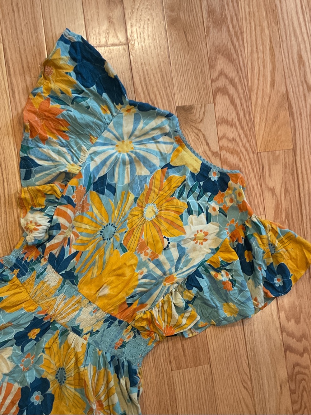 Angie Blue & Yellow Floral V-Neck Smocked Mini Dress Anthropologie Medium boho - Picture 11 of 14